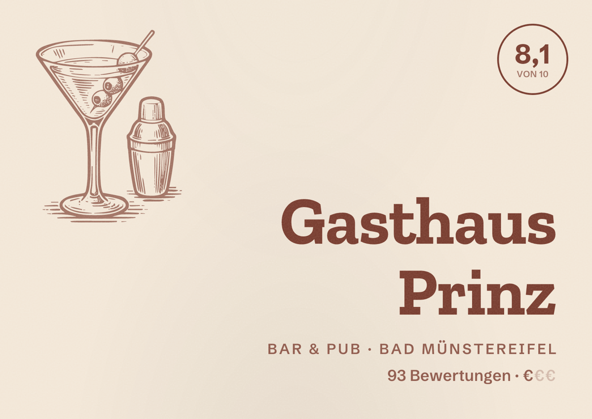 Illustriertes Poster von Gasthaus Prinz, Bar & Pub in Bad Münstereifel: Bewertung 8,1 von 10 aus 93 Bewertungen, Preisniveau €