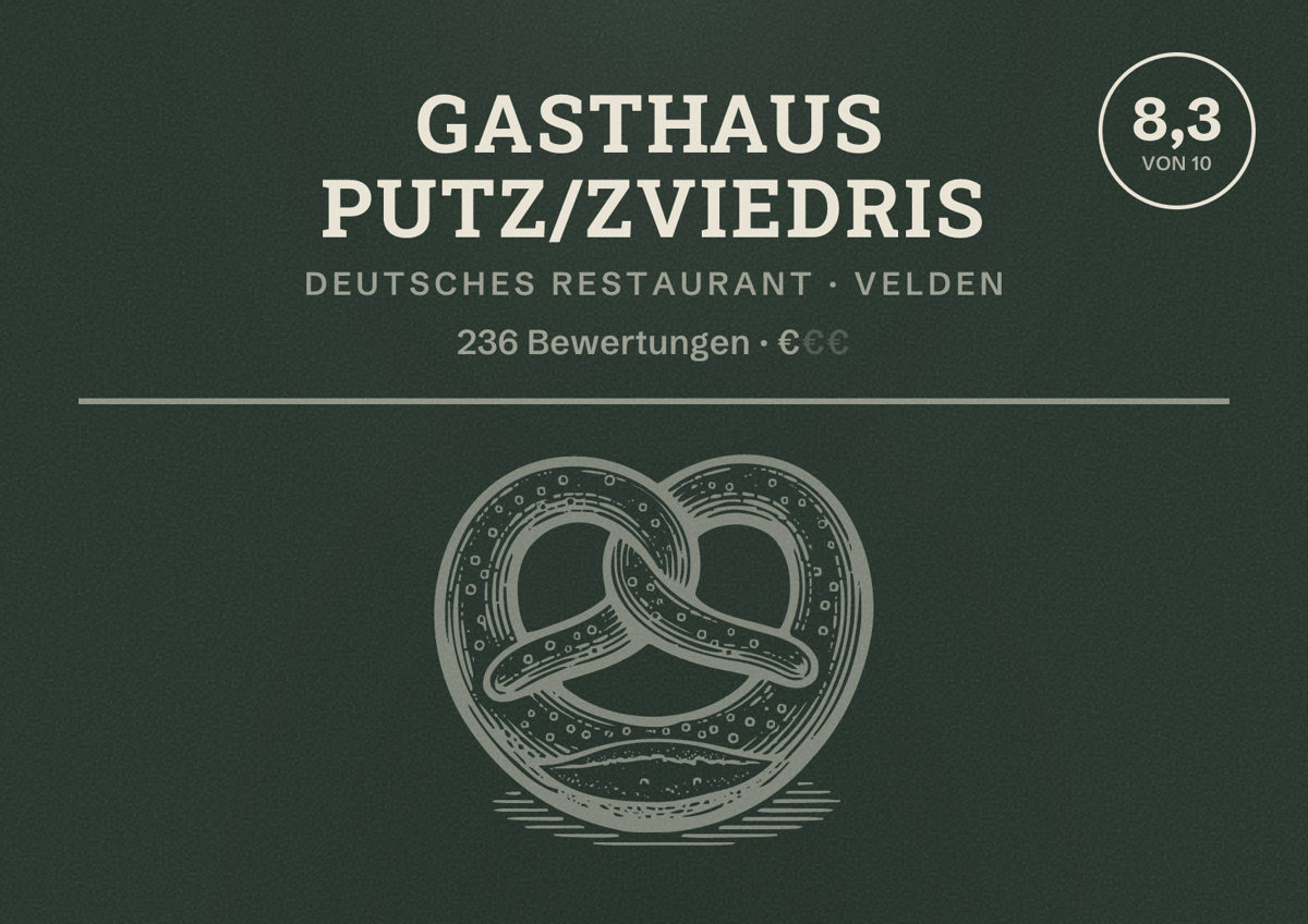 Illustriertes Poster von Gasthaus Putz/Zviedris, Deutsches Restaurant in Velden: Bewertung 8,3 von 10 aus 236 Bewertungen, Preisniveau €