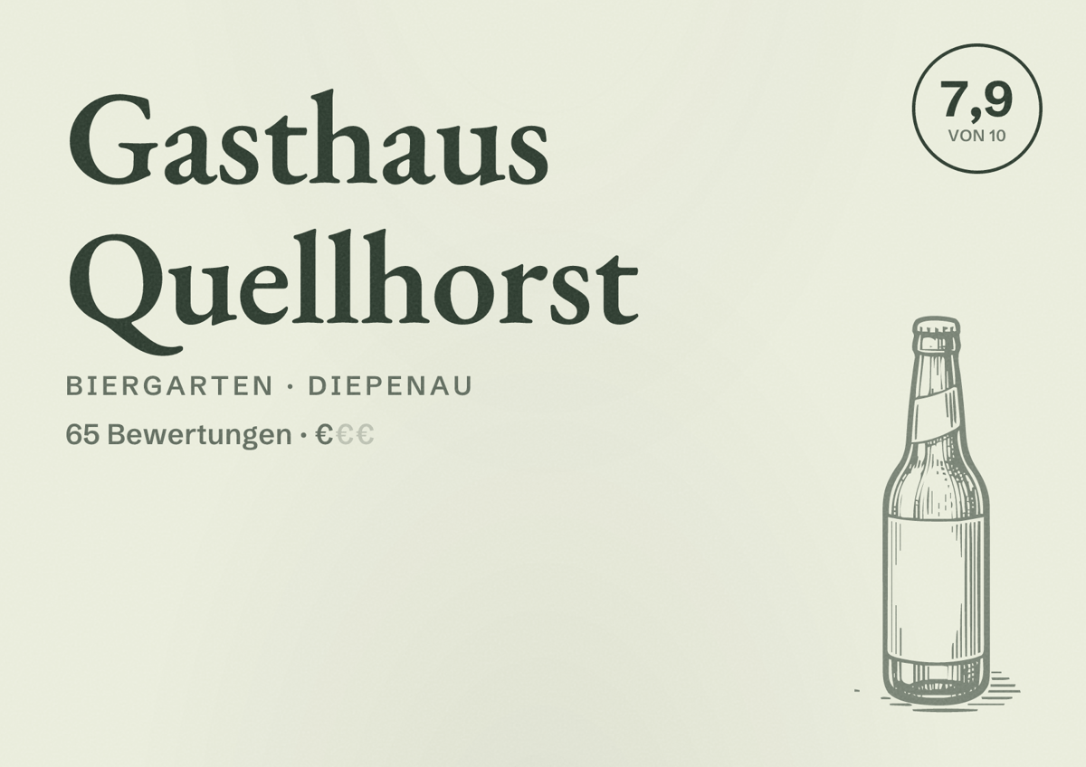 Illustriertes Poster von Gasthaus Quellhorst, Biergarten in Diepenau: Bewertung 7,9 von 10 aus 65 Bewertungen, Preisniveau €