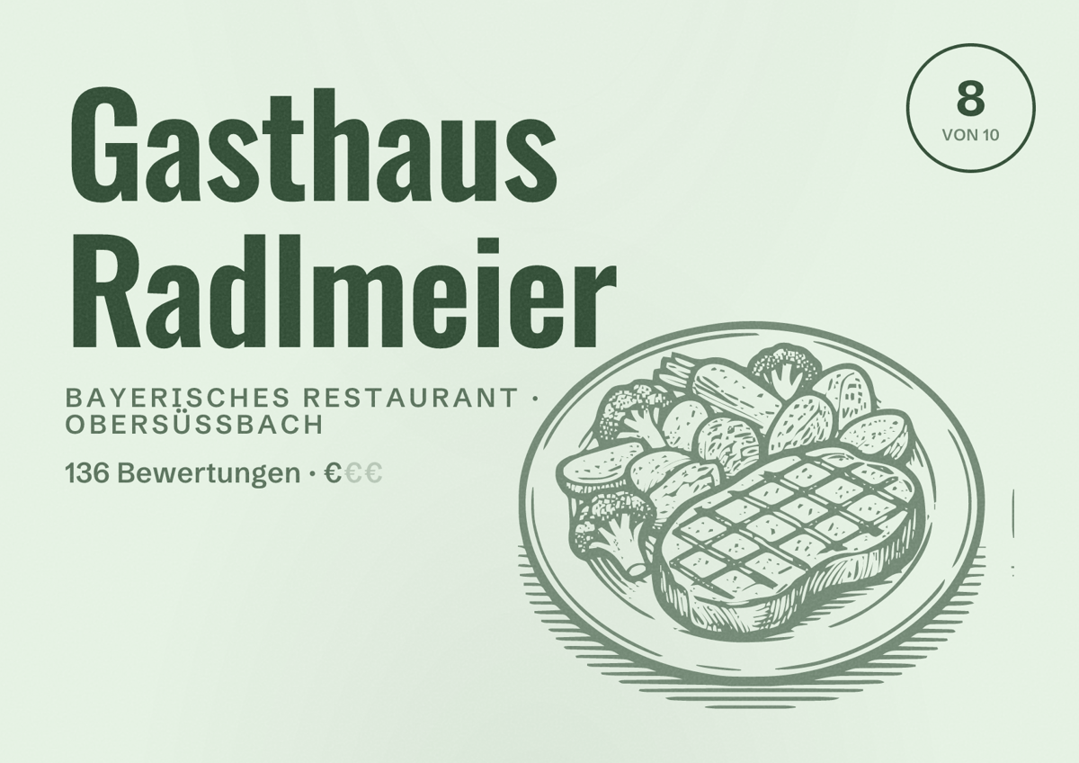 Illustriertes Poster von Gasthaus Radlmeier, Bayerisches Restaurant in Obersüßbach: Bewertung 8 von 10 aus 136 Bewertungen, Preisniveau €