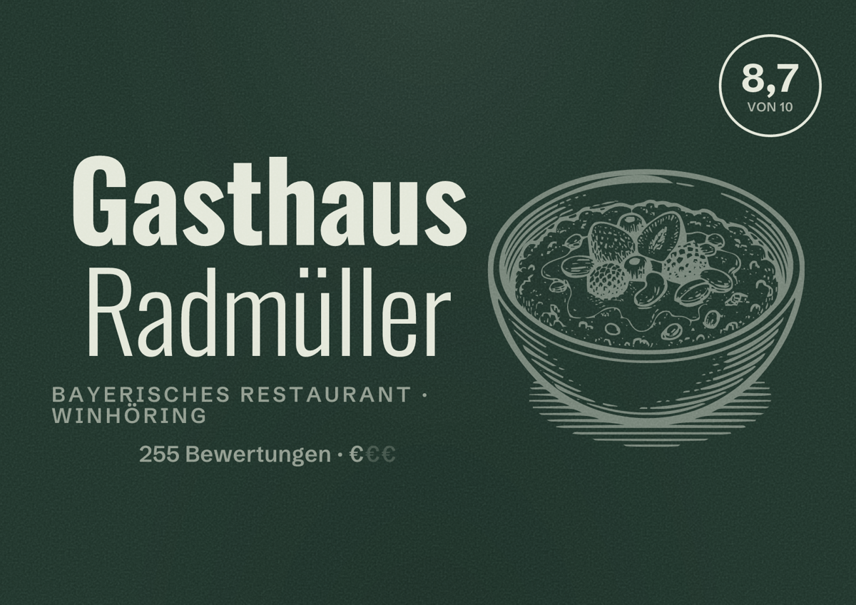 Illustriertes Poster von Gasthaus Radmüller, Bayerisches Restaurant in Winhöring: Bewertung 8,7 von 10 aus 255 Bewertungen, Preisniveau €