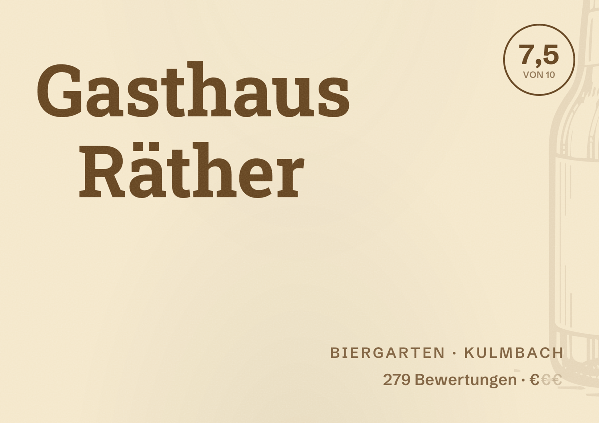 Illustriertes Poster von Gasthaus Räther, Biergarten in Kulmbach: Bewertung 7,5 von 10 aus 279 Bewertungen, Preisniveau €