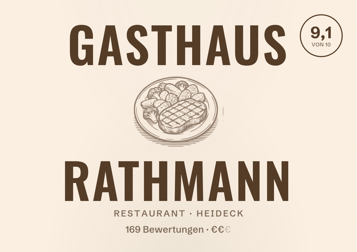 Illustriertes Poster von Gasthaus Rathmann, Restaurant in Heideck: Bewertung 9,1 von 10 aus 169 Bewertungen, Preisniveau €€