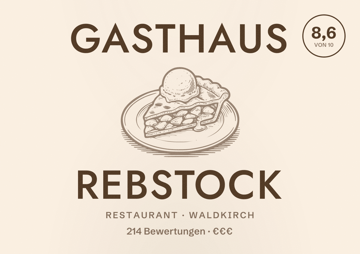 Illustriertes Poster von Gasthaus Rebstock, Restaurant in Waldkirch: Bewertung 8,6 von 10 aus 214 Bewertungen, Preisniveau €€€