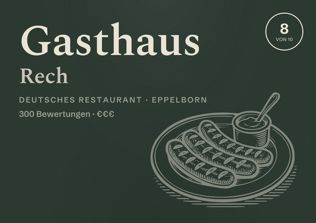 Illustriertes Poster von Gasthaus Rech, Deutsches Restaurant in Eppelborn: Bewertung 8 von 10 aus 300 Bewertungen, Preisniveau €€€
