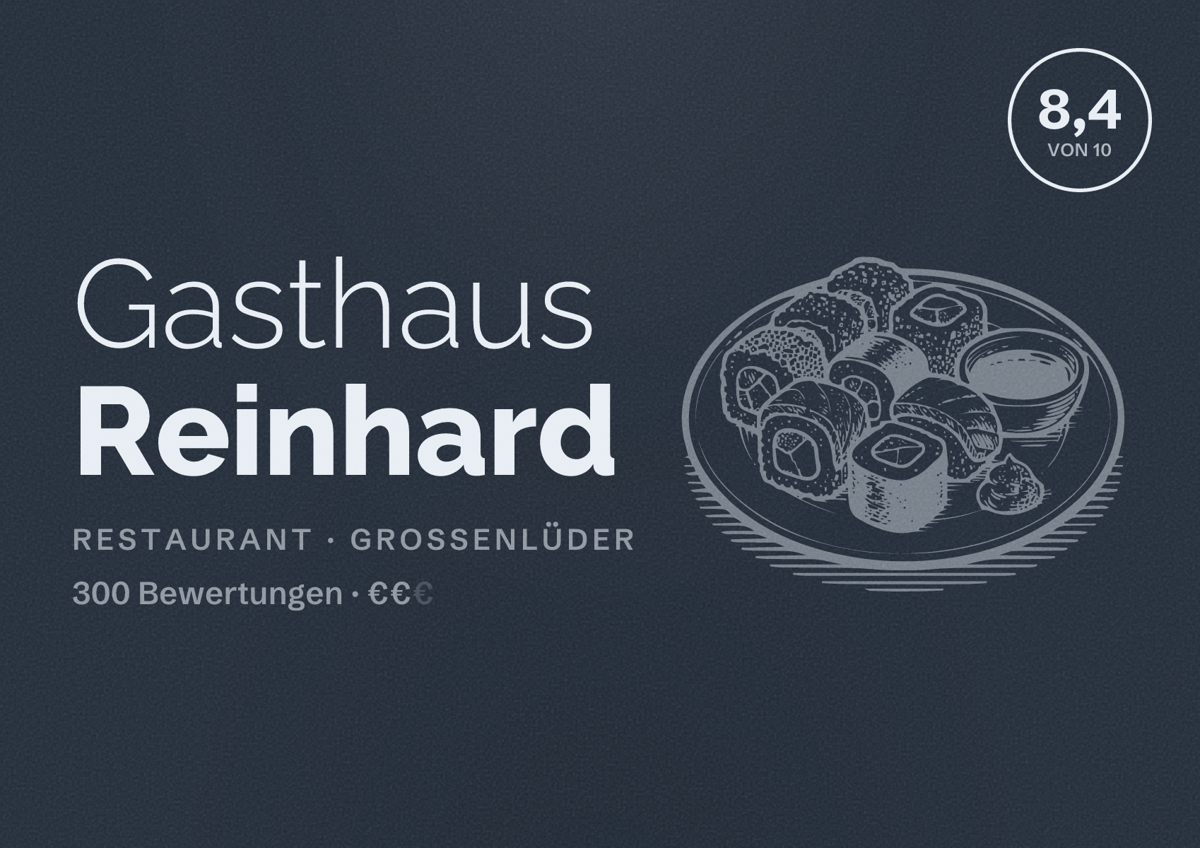 Illustriertes Poster von Gasthaus Reinhard, Restaurant in Großenlüder: Bewertung 8,4 von 10 aus 300 Bewertungen, Preisniveau €€