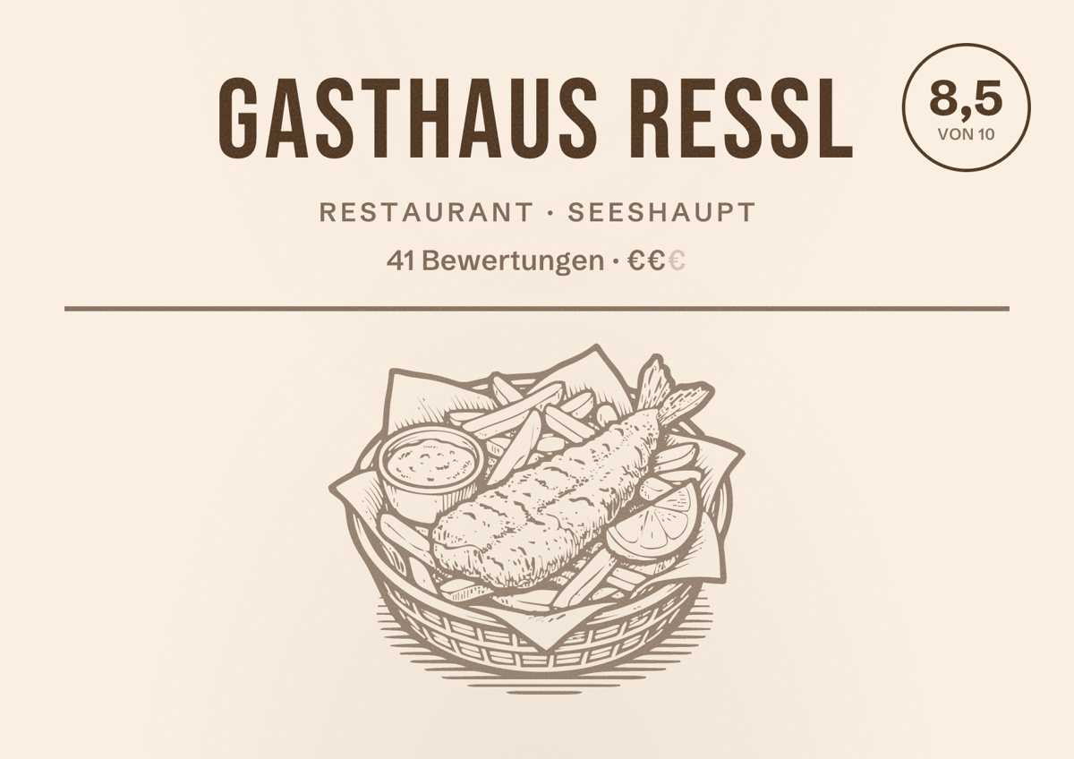 Illustriertes Poster von Gasthaus Reßl, Restaurant in Seeshaupt: Bewertung 8,5 von 10 aus 41 Bewertungen, Preisniveau €€