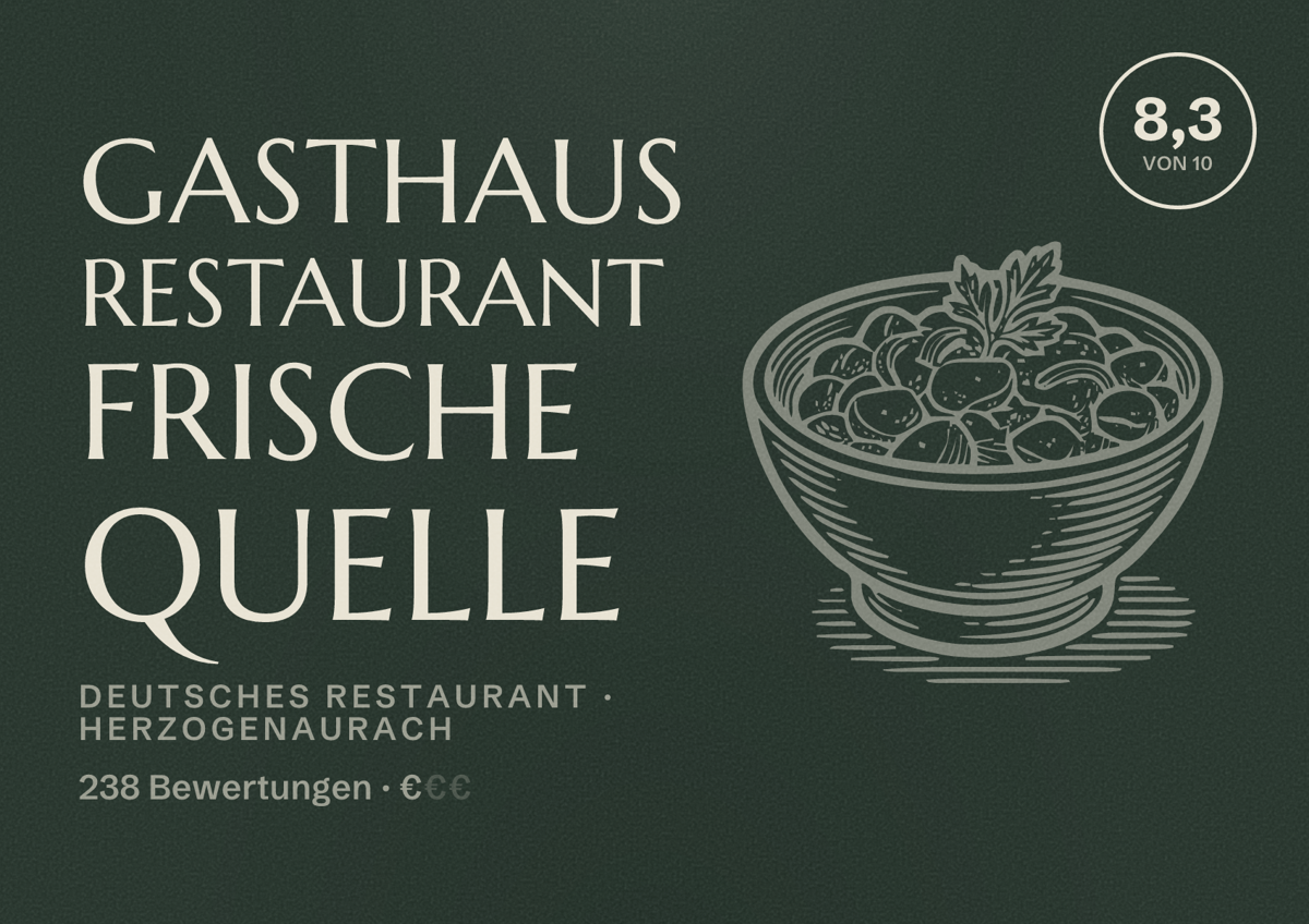 Illustriertes Poster von Gasthaus Restaurant Frische Quelle, Deutsches Restaurant in Herzogenaurach: Bewertung 8,3 von 10 aus 238 Bewertungen, Preisniveau €