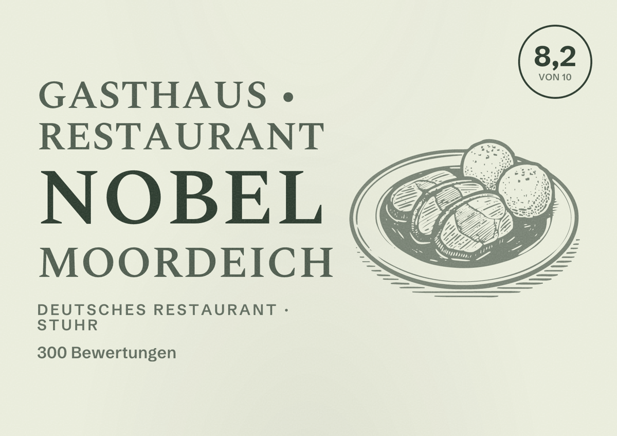 Illustriertes Poster von Gasthaus • Restaurant Nobel Moordeich, Deutsches Restaurant in Stuhr: Bewertung 8,2 von 10 aus 300 Bewertungen