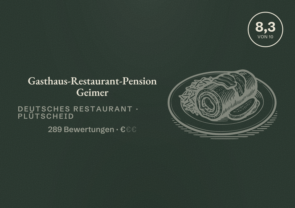 Illustriertes Poster von Gasthaus-Restaurant-Pension Geimer, Deutsches Restaurant in Plütscheid: Bewertung 8,3 von 10 aus 289 Bewertungen, Preisniveau €