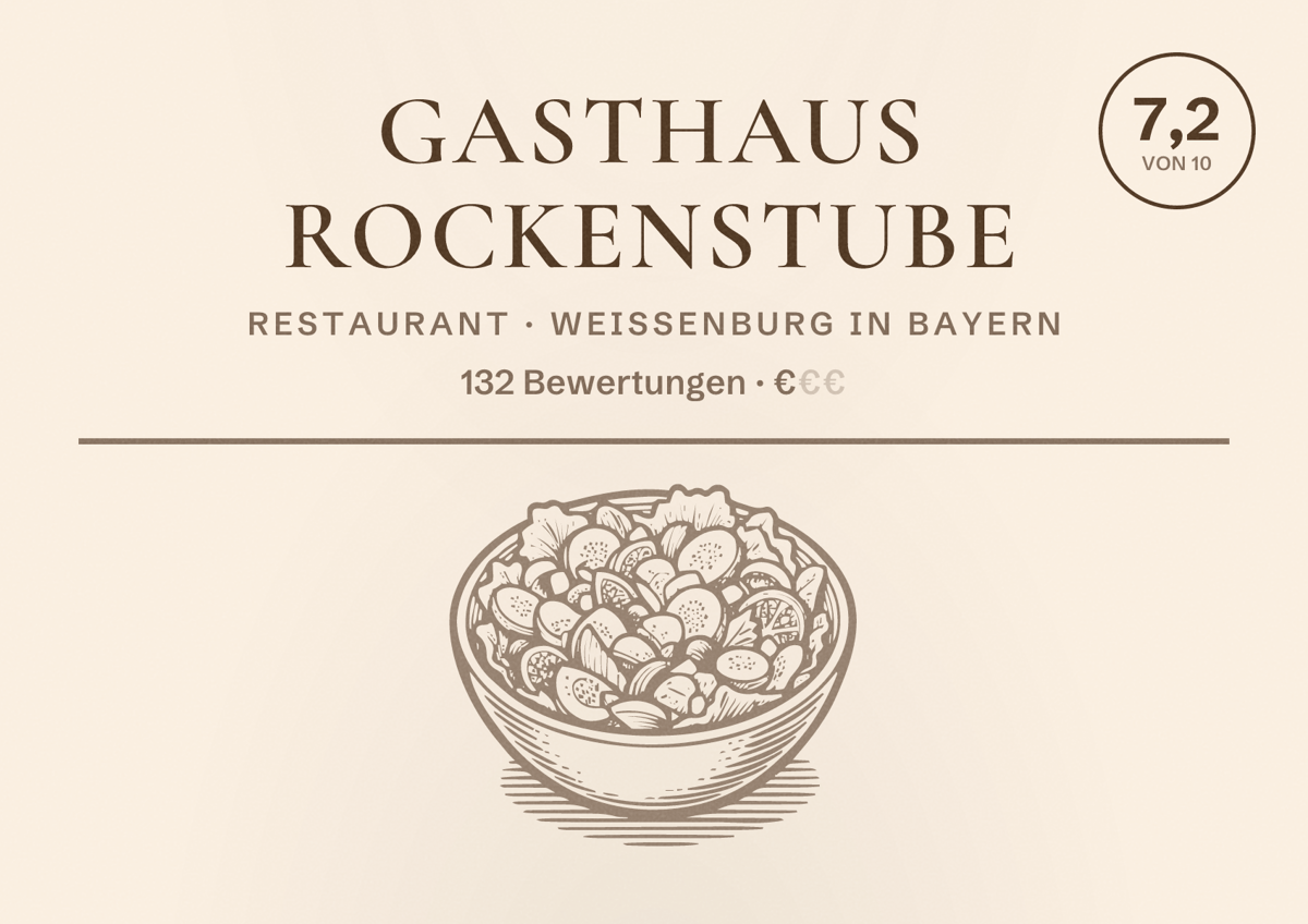 Illustriertes Poster von Gasthaus Rockenstube, Restaurant in Weißenburg in Bayern: Bewertung 7,2 von 10 aus 132 Bewertungen, Preisniveau €