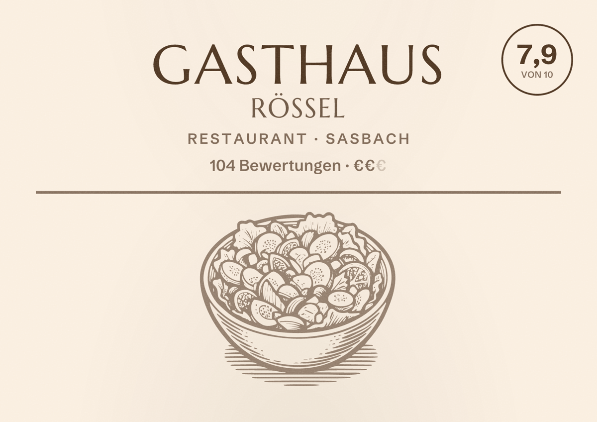 Illustriertes Poster von Gasthaus Rössel, Restaurant in Sasbach: Bewertung 7,9 von 10 aus 104 Bewertungen, Preisniveau €€