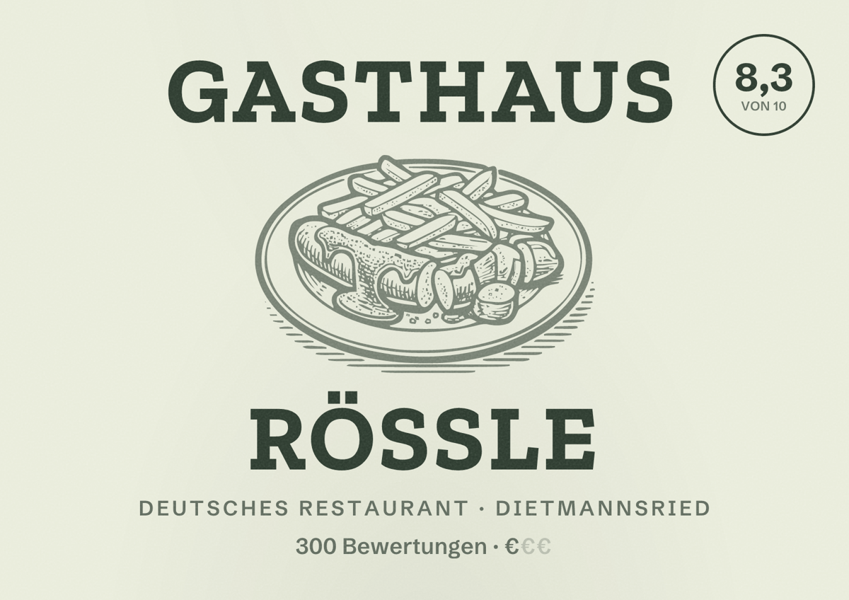 Illustriertes Poster von Gasthaus Rössle, Deutsches Restaurant in Dietmannsried: Bewertung 8,3 von 10 aus 300 Bewertungen, Preisniveau €