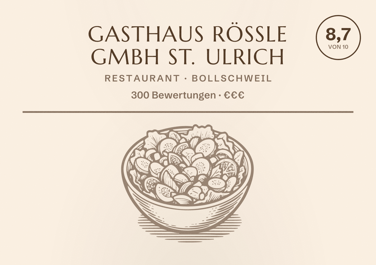 Illustriertes Poster von Gasthaus Rössle GmbH St. Ulrich, Restaurant in Bollschweil: Bewertung 8,7 von 10 aus 300 Bewertungen, Preisniveau €€€