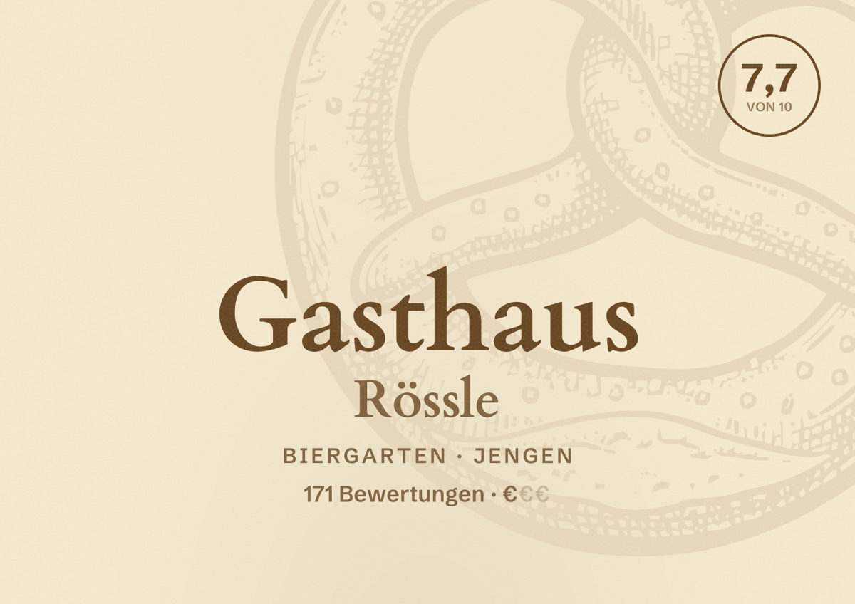 Illustriertes Poster von Gasthaus Rössle, Biergarten in Jengen: Bewertung 7,7 von 10 aus 171 Bewertungen, Preisniveau €