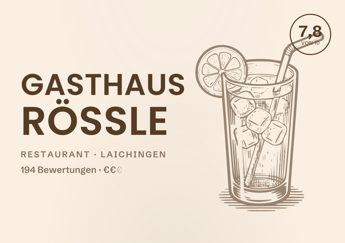 Illustriertes Poster von Gasthaus Rössle, Restaurant in Laichingen: Bewertung 7,8 von 10 aus 194 Bewertungen, Preisniveau €€