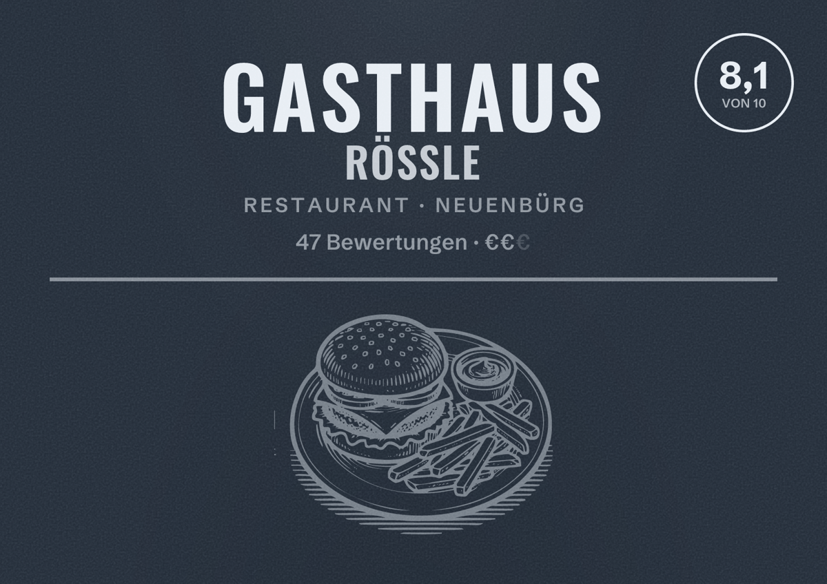 Illustriertes Poster von Gasthaus Rössle, Restaurant in Neuenbürg: Bewertung 8,1 von 10 aus 47 Bewertungen, Preisniveau €€