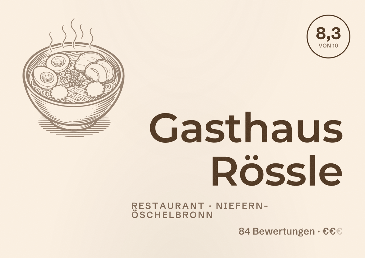 Illustriertes Poster von Gasthaus Rössle, Restaurant in Niefern-Öschelbronn: Bewertung 8,3 von 10 aus 84 Bewertungen, Preisniveau €€