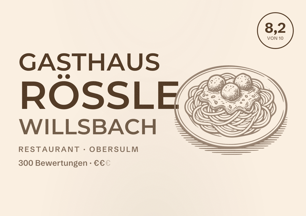 Illustriertes Poster von Gasthaus Rößle Willsbach, Restaurant in Obersulm: Bewertung 8,2 von 10 aus 300 Bewertungen, Preisniveau €€