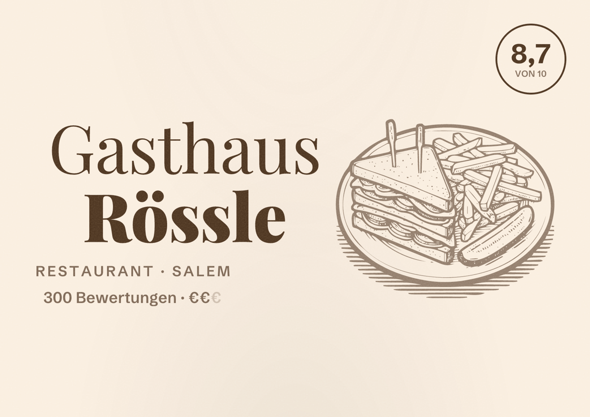 Illustriertes Poster von Gasthaus Rössle, Restaurant in Salem: Bewertung 8,7 von 10 aus 300 Bewertungen, Preisniveau €€