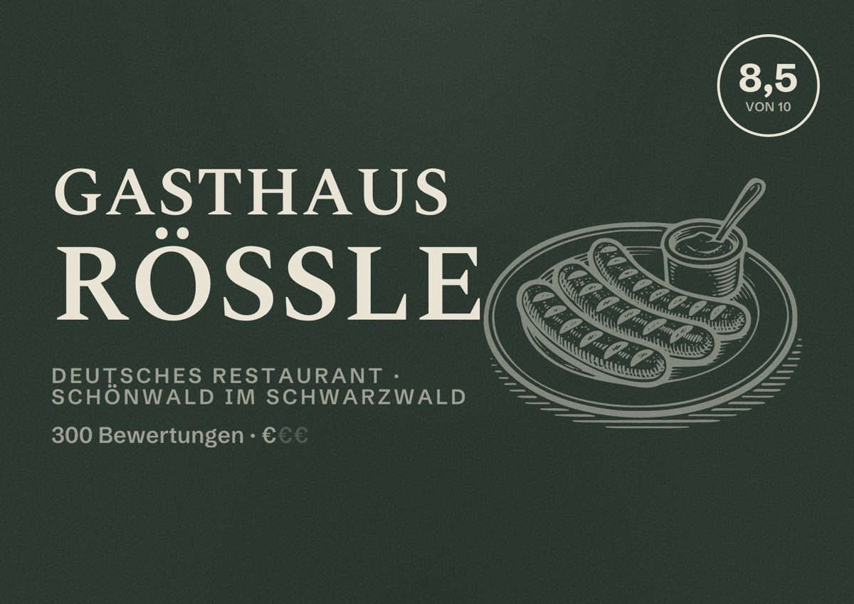 Illustriertes Poster von Gasthaus Rößle, Deutsches Restaurant in Schönwald im Schwarzwald: Bewertung 8,5 von 10 aus 300 Bewertungen, Preisniveau €