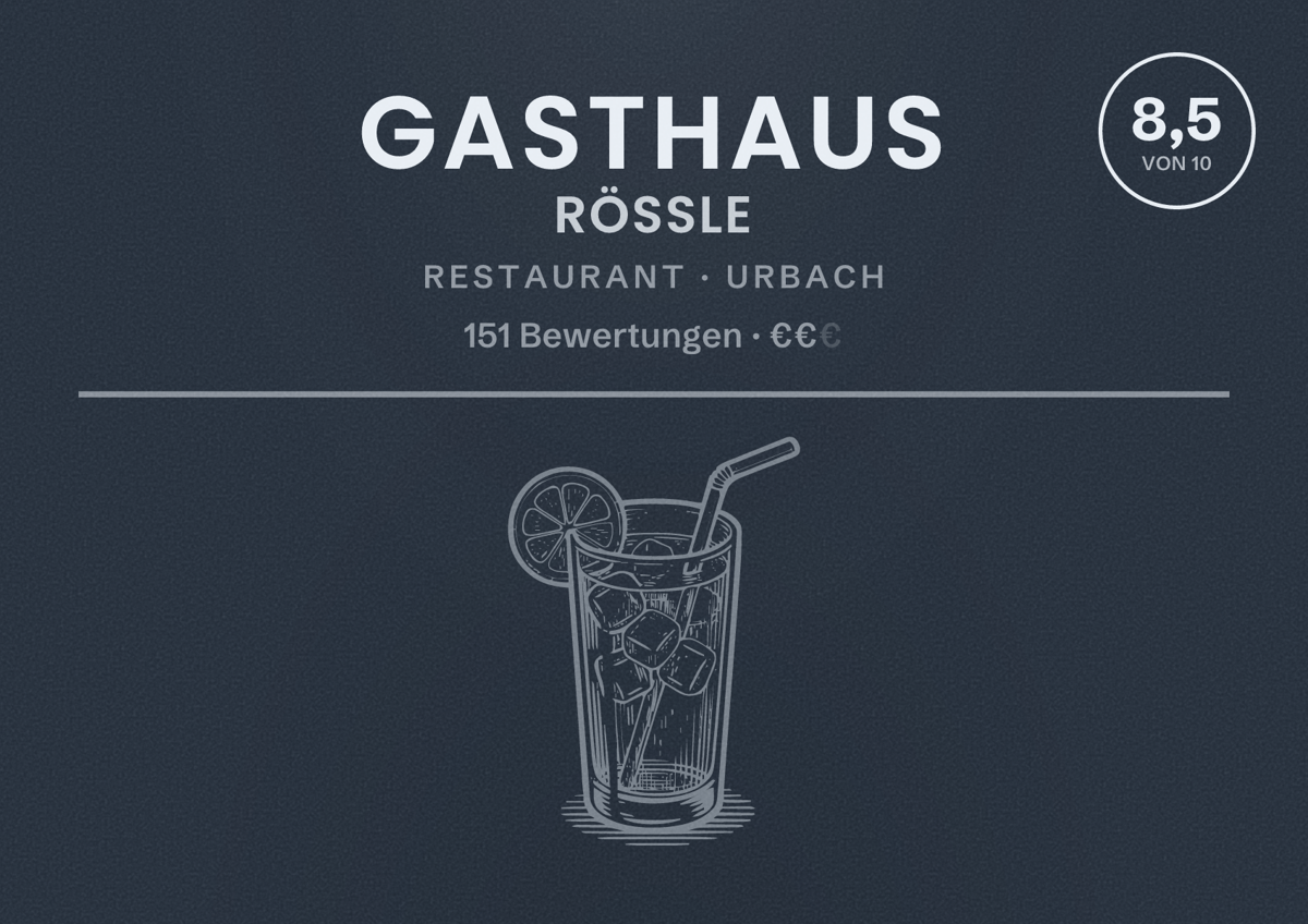 Illustriertes Poster von Gasthaus Rössle, Restaurant in Urbach: Bewertung 8,5 von 10 aus 151 Bewertungen, Preisniveau €€