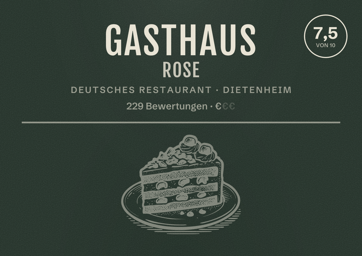 Illustriertes Poster von Gasthaus Rose, Deutsches Restaurant in Dietenheim: Bewertung 7,5 von 10 aus 229 Bewertungen, Preisniveau €