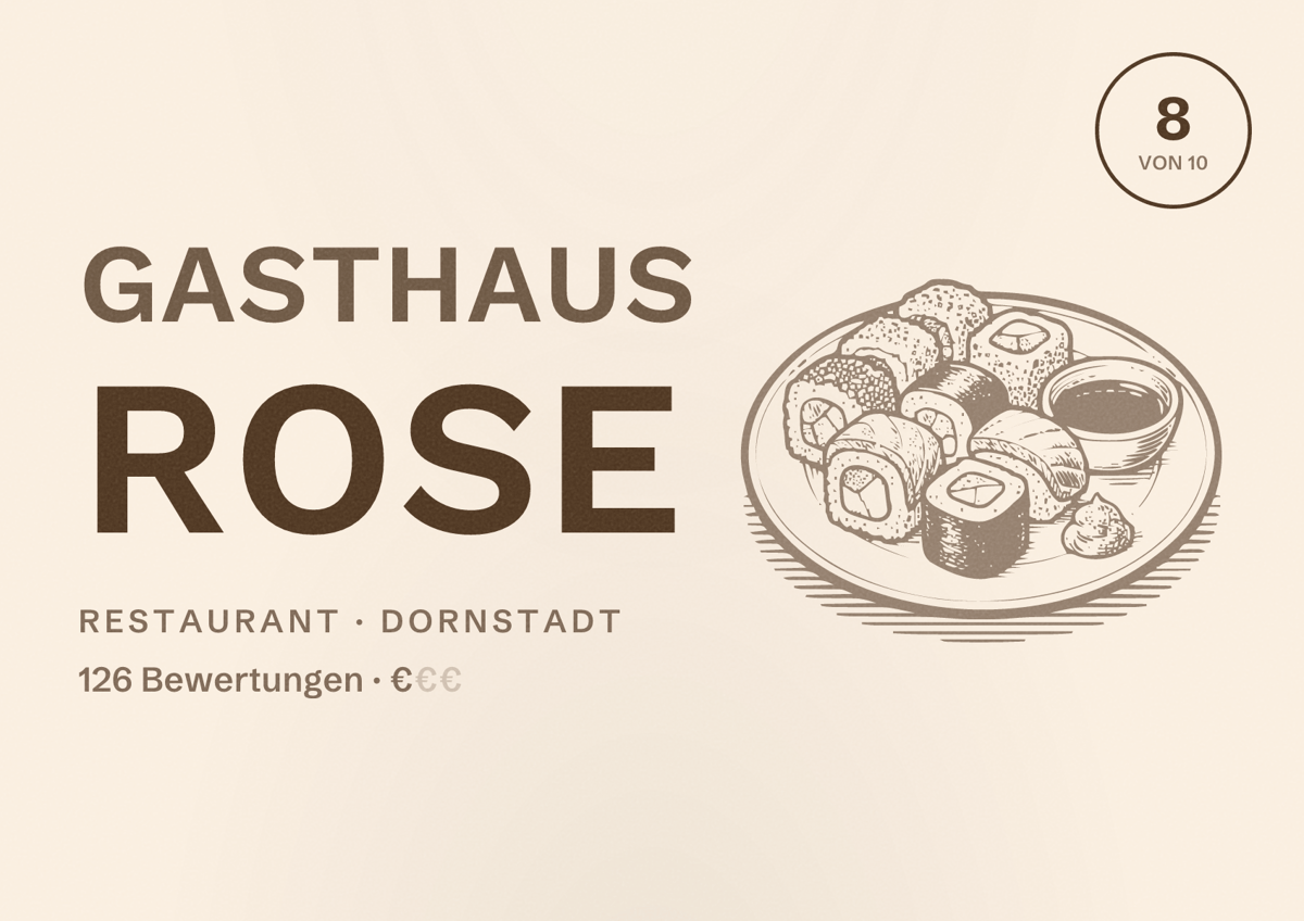 Illustriertes Poster von Gasthaus Rose, Restaurant in Dornstadt: Bewertung 8 von 10 aus 126 Bewertungen, Preisniveau €