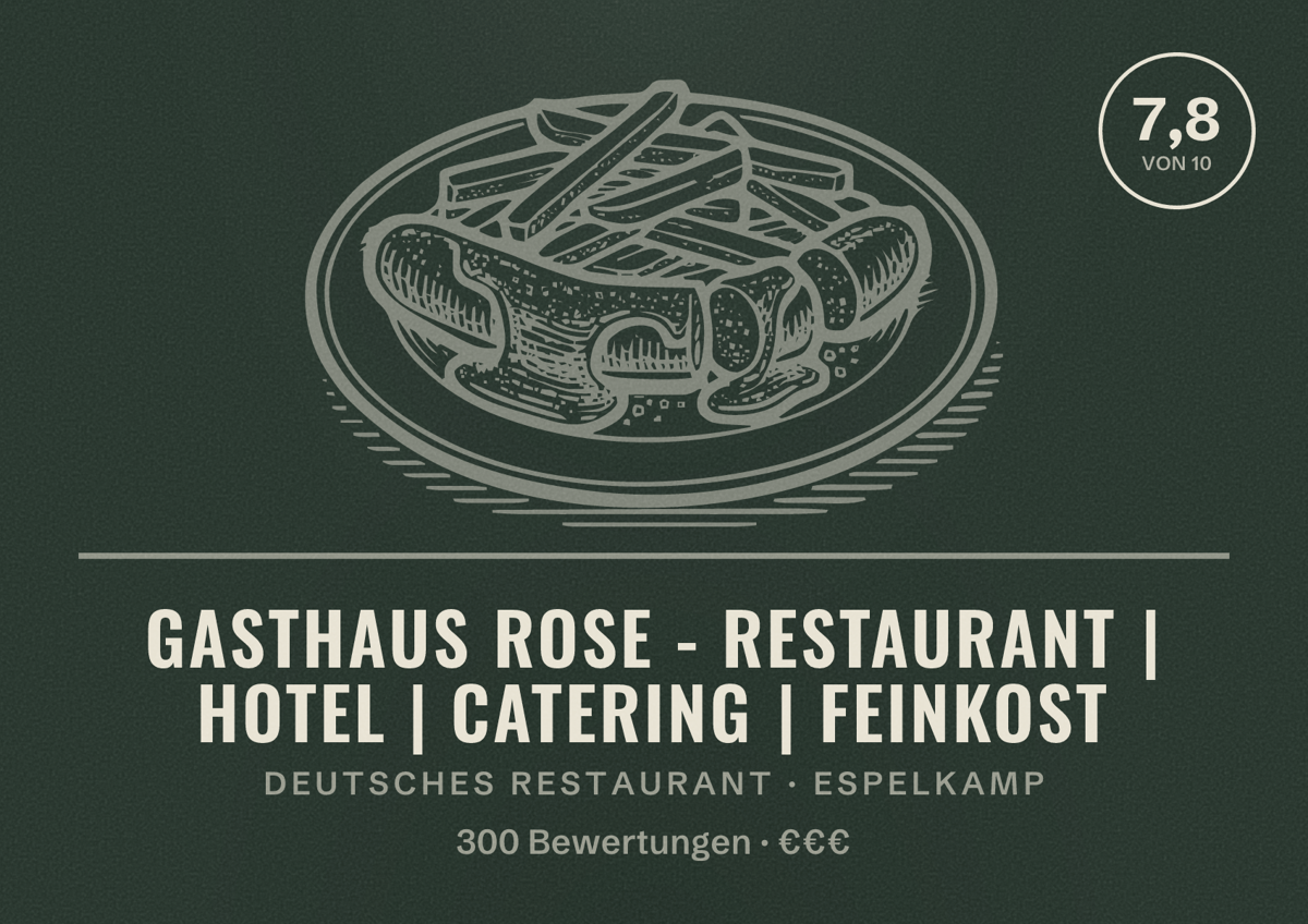 Illustriertes Poster von Gasthaus Rose - Restaurant | Hotel | Catering | Feinkost, Deutsches Restaurant in Espelkamp: Bewertung 7,8 von 10 aus 300 Bewertungen, Preisniveau €€€