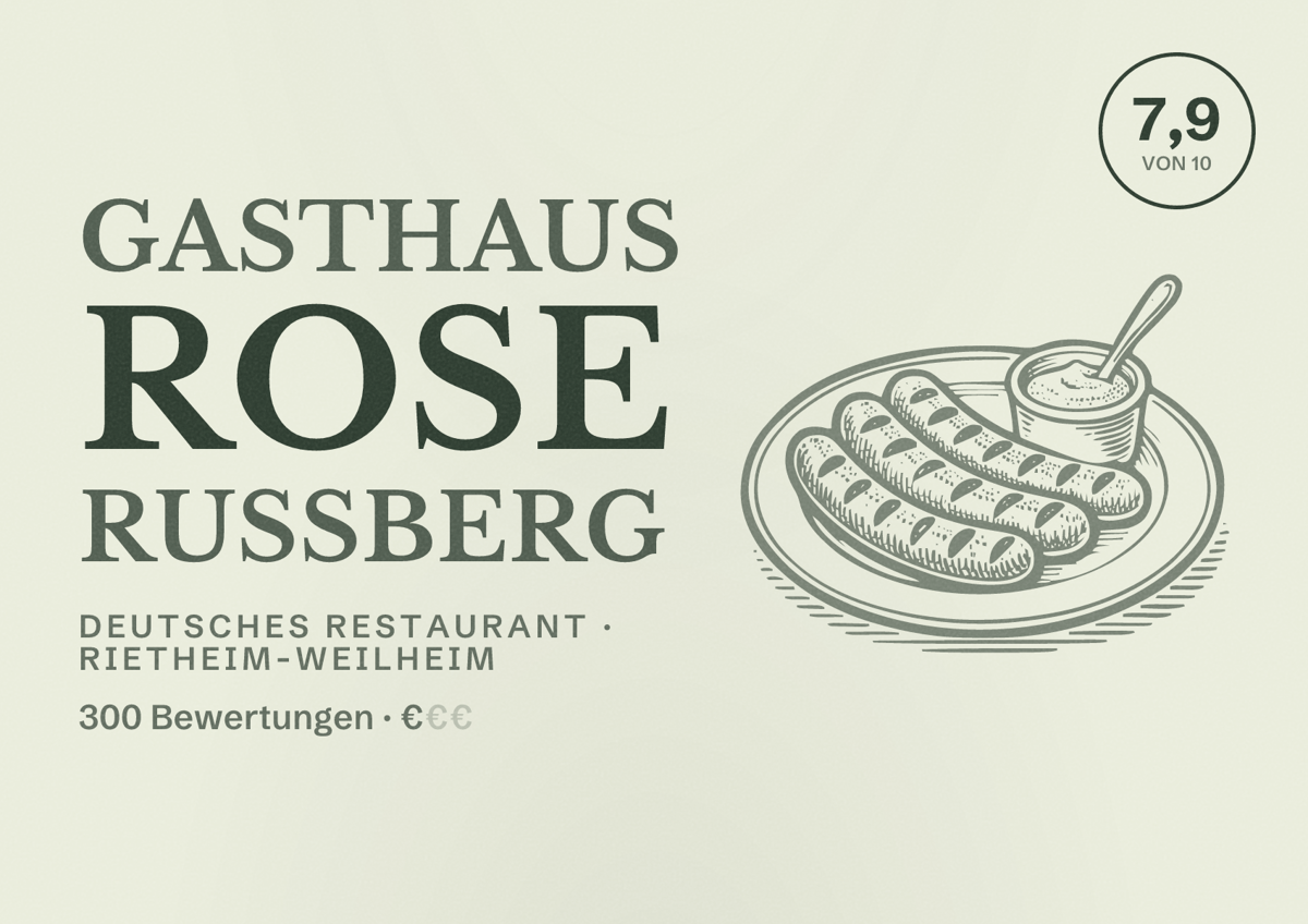 Illustriertes Poster von Gasthaus Rose Russberg, Deutsches Restaurant in Rietheim-Weilheim: Bewertung 7,9 von 10 aus 300 Bewertungen, Preisniveau €