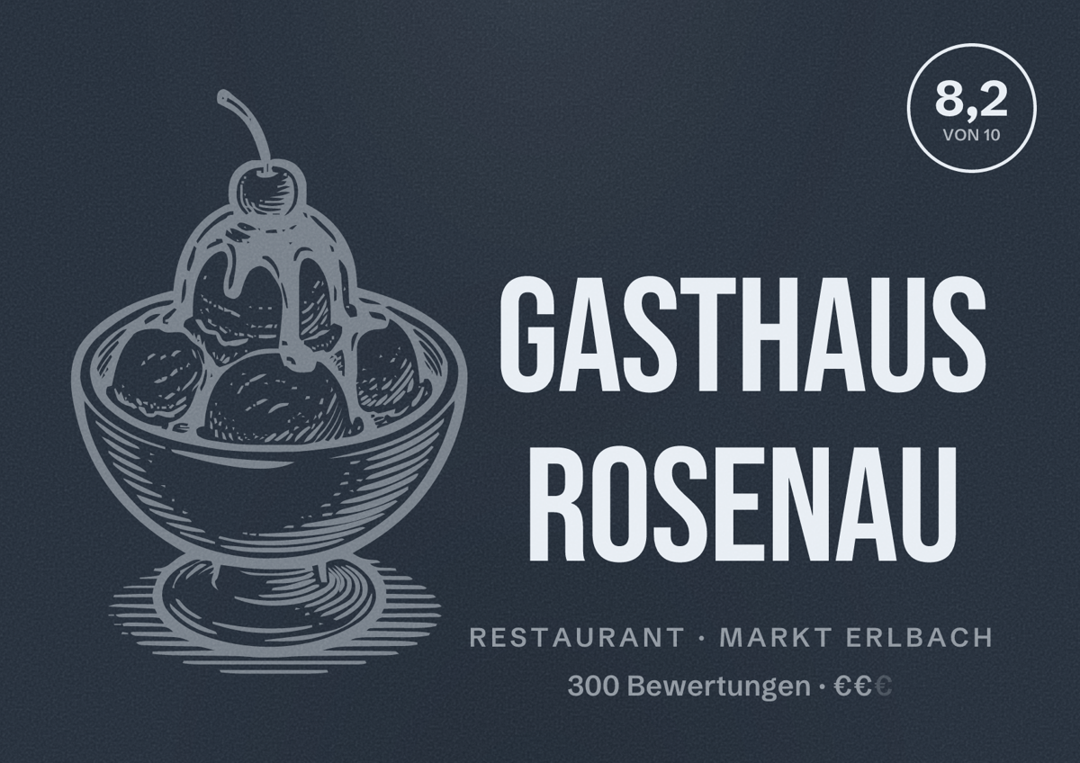 Illustriertes Poster von Gasthaus Rosenau, Restaurant in Markt Erlbach: Bewertung 8,2 von 10 aus 300 Bewertungen, Preisniveau €€