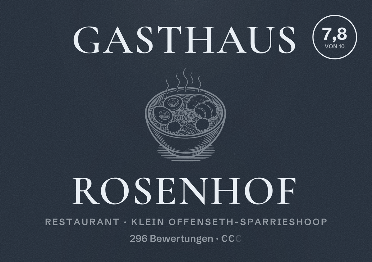Illustriertes Poster von Gasthaus Rosenhof, Restaurant in Klein Offenseth-Sparrieshoop: Bewertung 7,8 von 10 aus 296 Bewertungen, Preisniveau €€