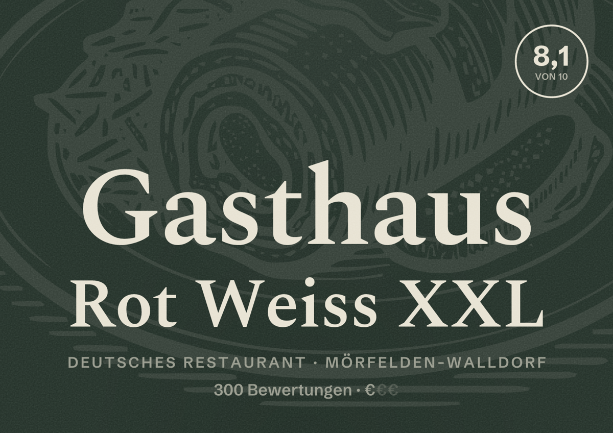Illustriertes Poster von Gasthaus Rot Weiss XXL, Deutsches Restaurant in Mörfelden-Walldorf: Bewertung 8,1 von 10 aus 300 Bewertungen, Preisniveau €