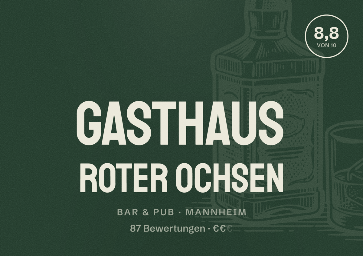 Illustriertes Poster von Gasthaus Roter Ochsen, Bar & Pub in Mannheim: Bewertung 8,8 von 10 aus 87 Bewertungen, Preisniveau €€