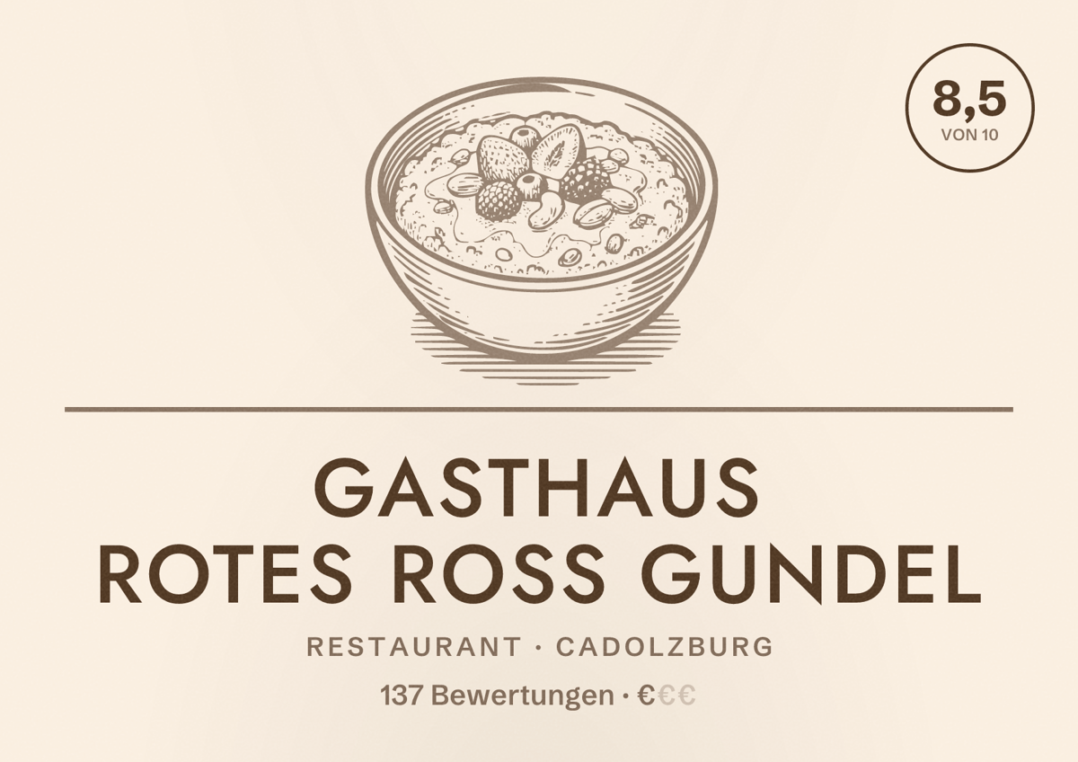 Illustriertes Poster von Gasthaus Rotes Roß Gundel, Restaurant in Cadolzburg: Bewertung 8,5 von 10 aus 137 Bewertungen, Preisniveau €