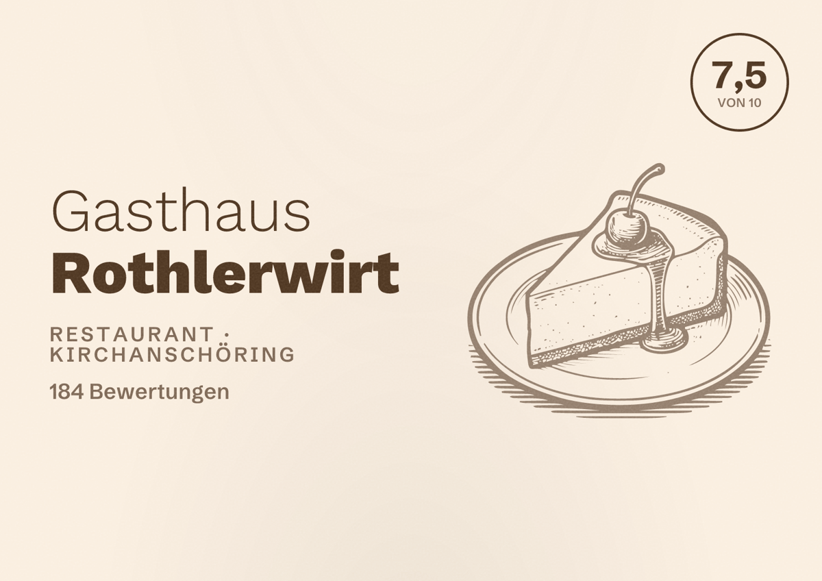 Illustriertes Poster von Gasthaus Rothlerwirt, Restaurant in Kirchanschöring: Bewertung 7,5 von 10 aus 184 Bewertungen