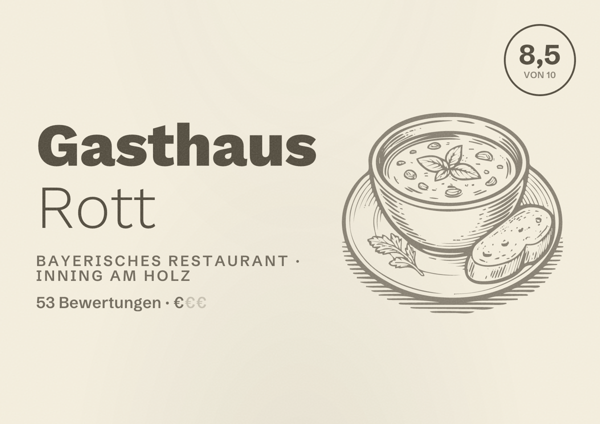 Illustriertes Poster von Gasthaus Rott, Bayerisches Restaurant in Inning am Holz: Bewertung 8,5 von 10 aus 53 Bewertungen, Preisniveau €