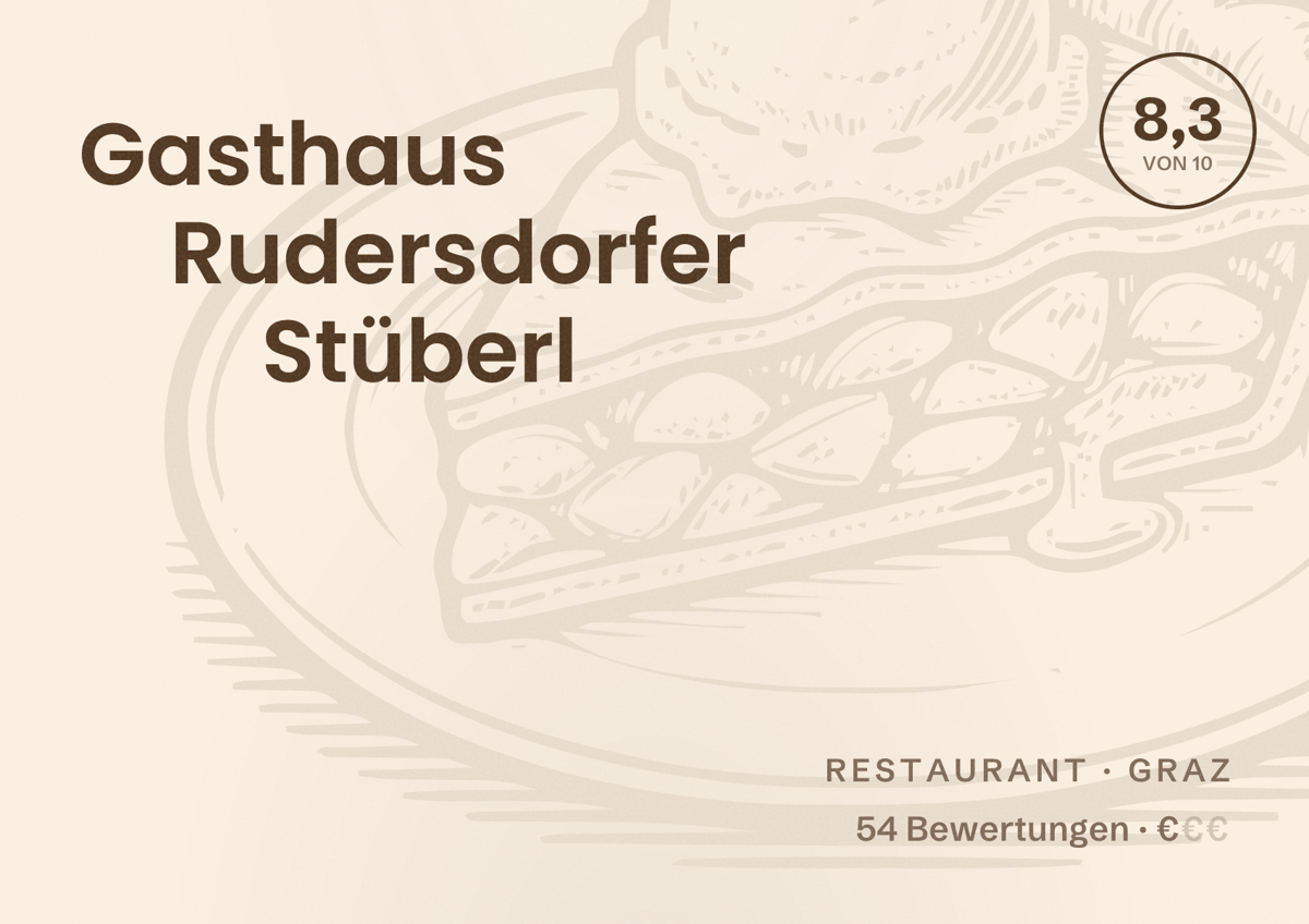 Illustriertes Poster von Gasthaus Rudersdorfer Stüberl, Restaurant in Graz: Bewertung 8,3 von 10 aus 54 Bewertungen, Preisniveau €