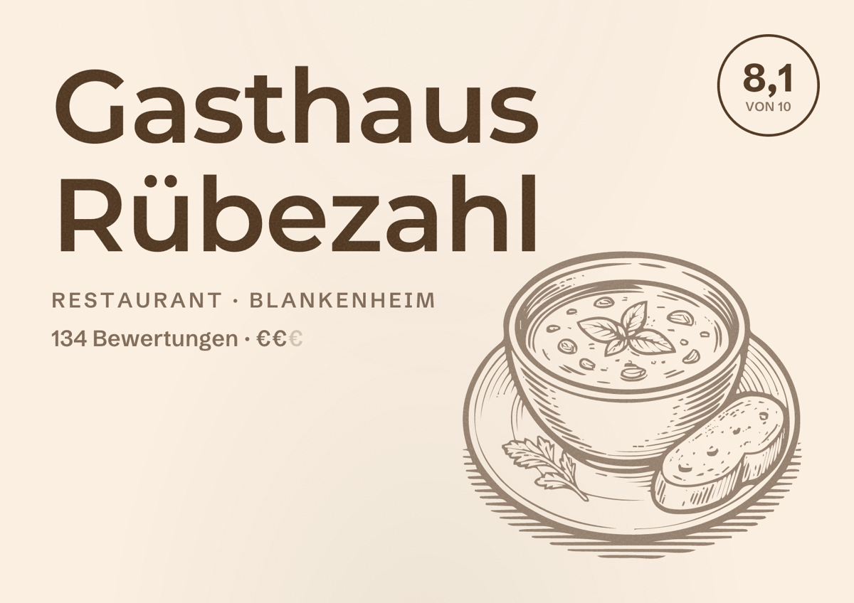 Illustriertes Poster von Gasthaus Rübezahl, Restaurant in Blankenheim: Bewertung 8,1 von 10 aus 134 Bewertungen, Preisniveau €€
