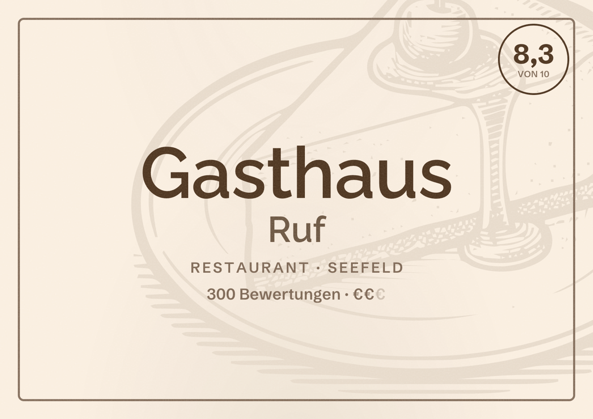 Illustriertes Poster von Gasthaus Ruf, Restaurant in Seefeld: Bewertung 8,3 von 10 aus 300 Bewertungen, Preisniveau €€