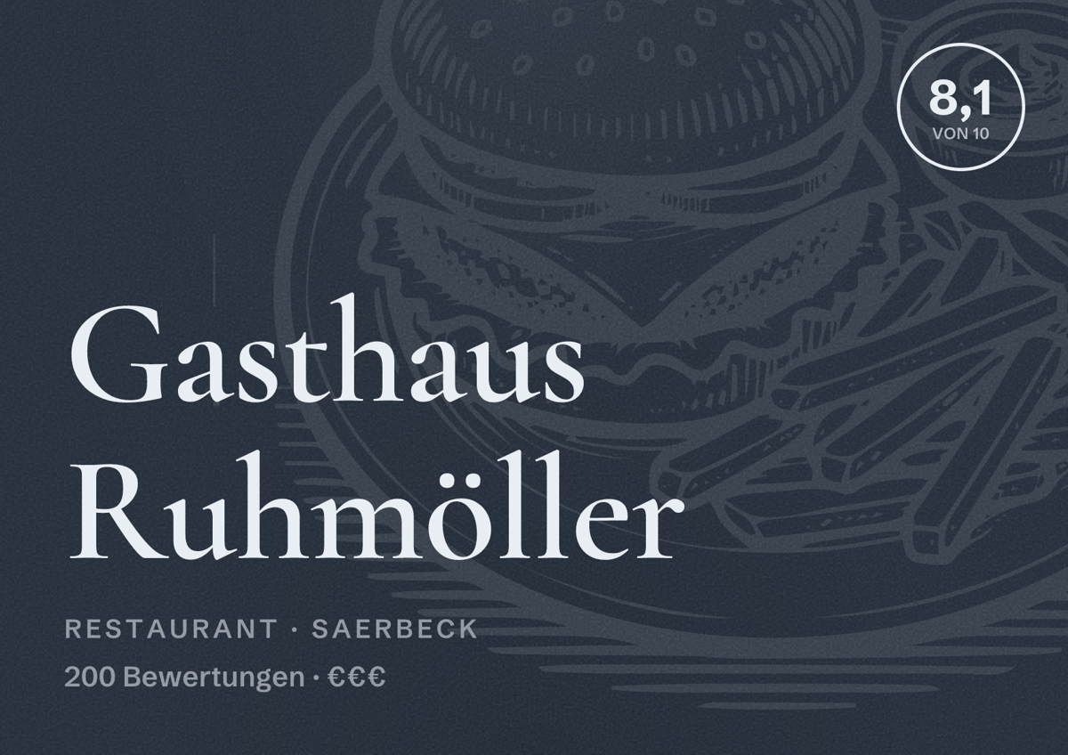 Illustriertes Poster von Gasthaus Ruhmöller, Restaurant in Saerbeck: Bewertung 8,1 von 10 aus 200 Bewertungen, Preisniveau €€€