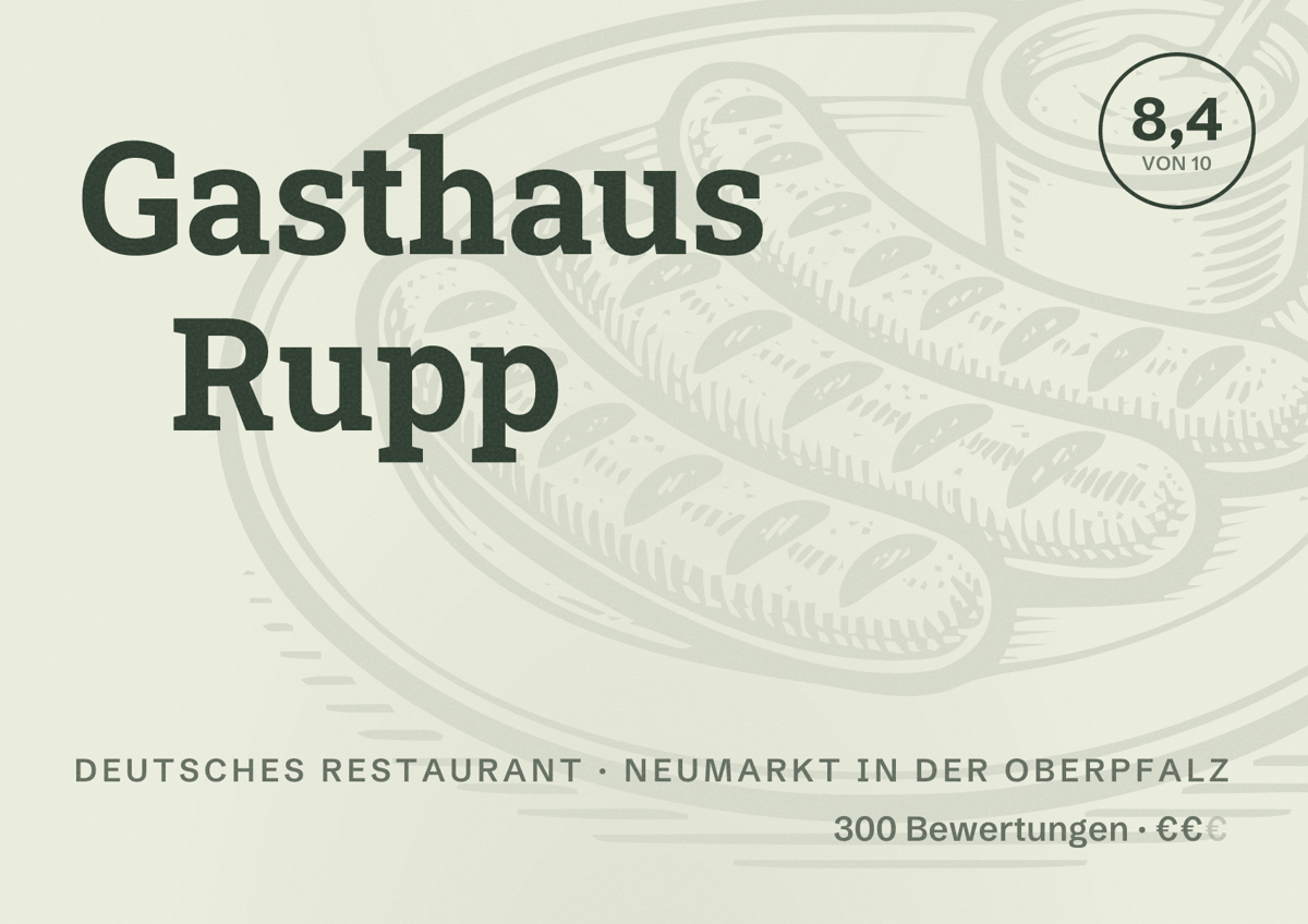 Illustriertes Poster von Gasthaus Rupp, Deutsches Restaurant in Neumarkt in der Oberpfalz: Bewertung 8,4 von 10 aus 300 Bewertungen, Preisniveau €€