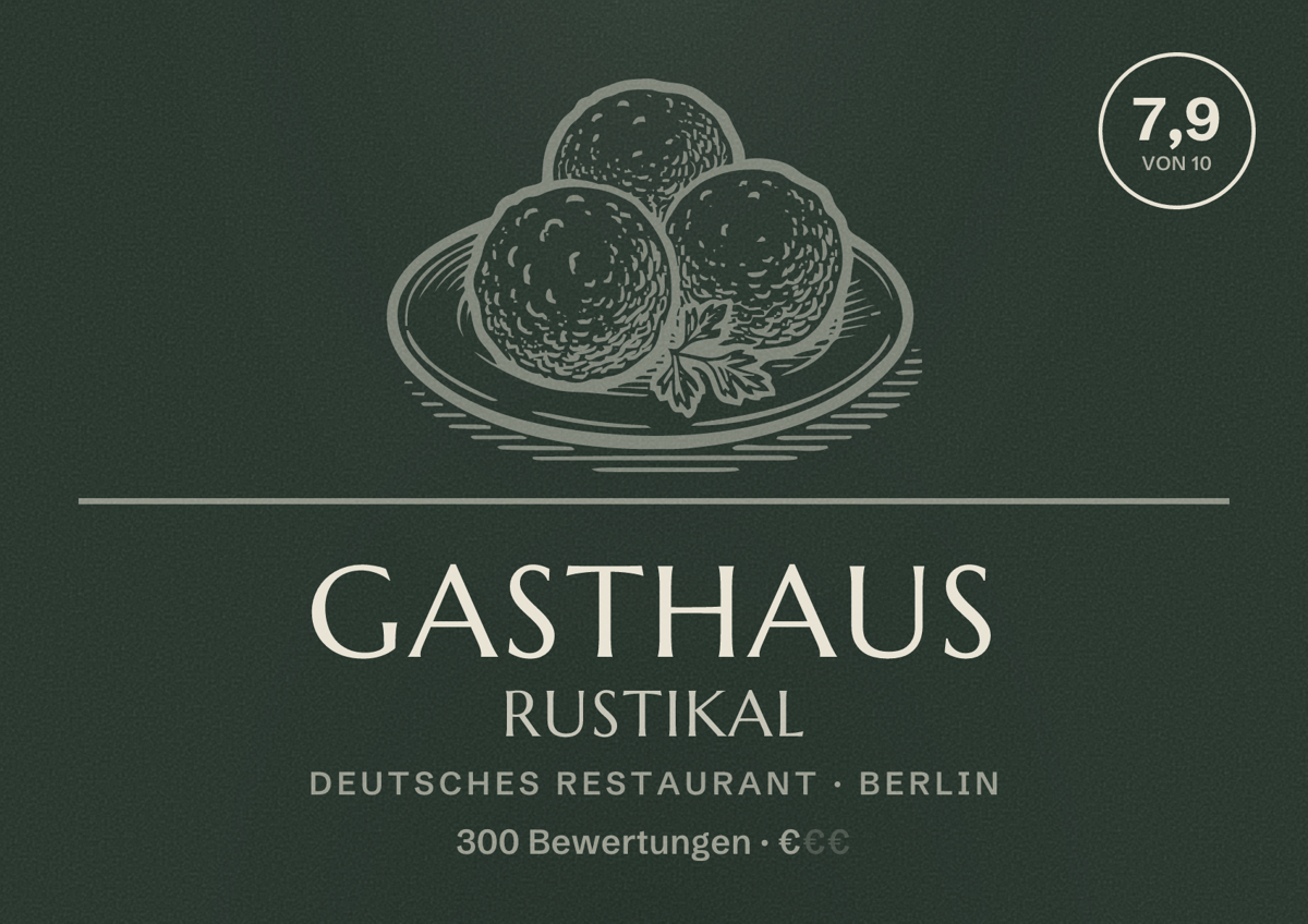 Illustriertes Poster von Gasthaus Rustikal, Deutsches Restaurant in Berlin: Bewertung 7,9 von 10 aus 300 Bewertungen, Preisniveau €