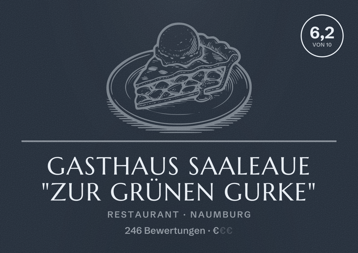 Illustriertes Poster von Gasthaus Saaleaue "Zur grünen Gurke", Restaurant in Naumburg: Bewertung 6,2 von 10 aus 246 Bewertungen, Preisniveau €