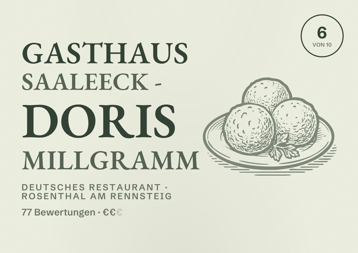 Illustriertes Poster von Gasthaus Saaleeck - Doris Millgramm, Deutsches Restaurant in Rosenthal am Rennsteig: Bewertung 6 von 10 aus 77 Bewertungen, Preisniveau €€
