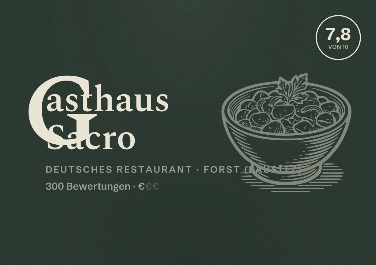 Illustriertes Poster von Gasthaus Sacro, Deutsches Restaurant in Forst (Lausitz): Bewertung 7,8 von 10 aus 300 Bewertungen, Preisniveau €