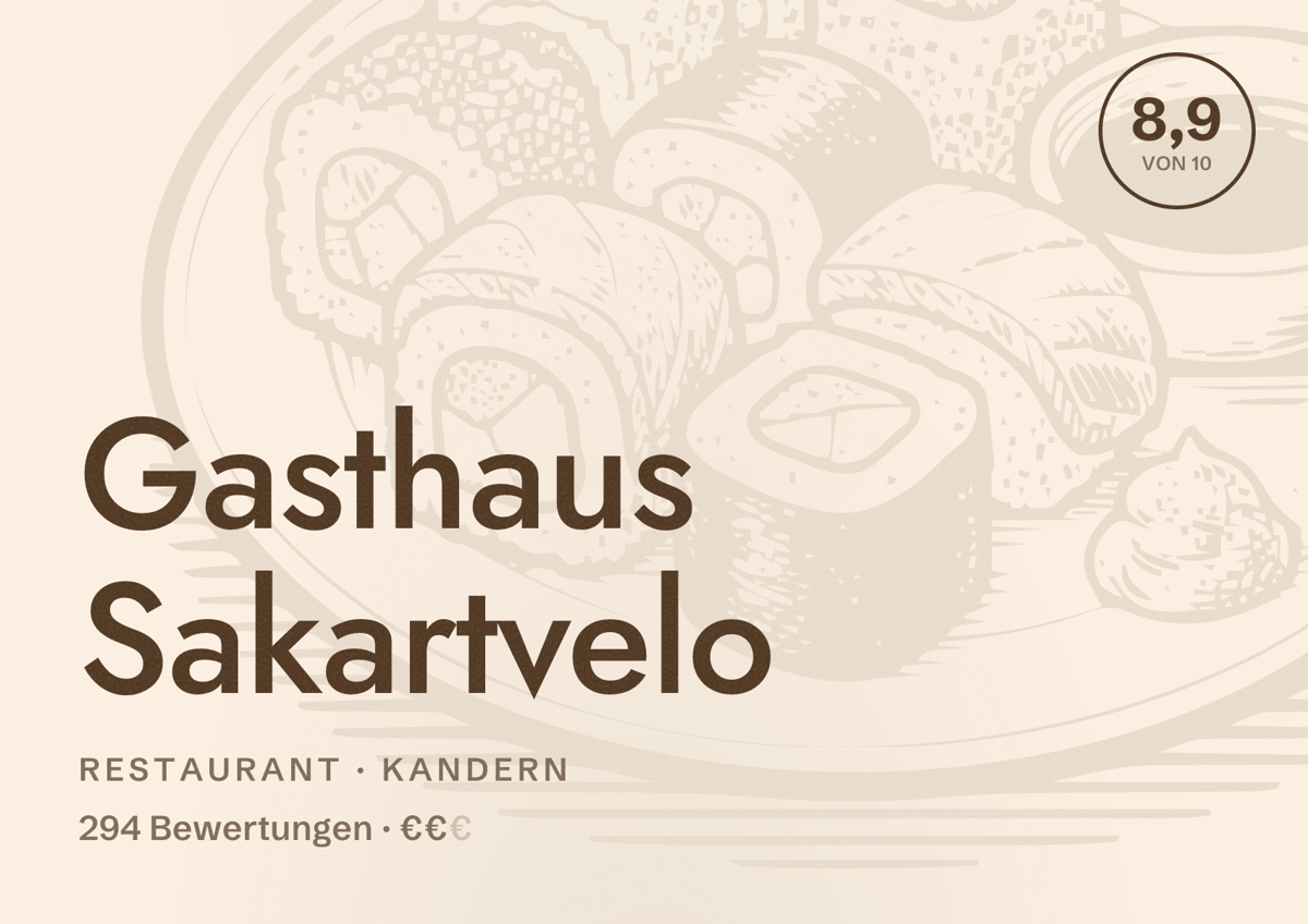 Illustriertes Poster von Gasthaus Sakartvelo, Restaurant in Kandern: Bewertung 8,9 von 10 aus 294 Bewertungen, Preisniveau €€