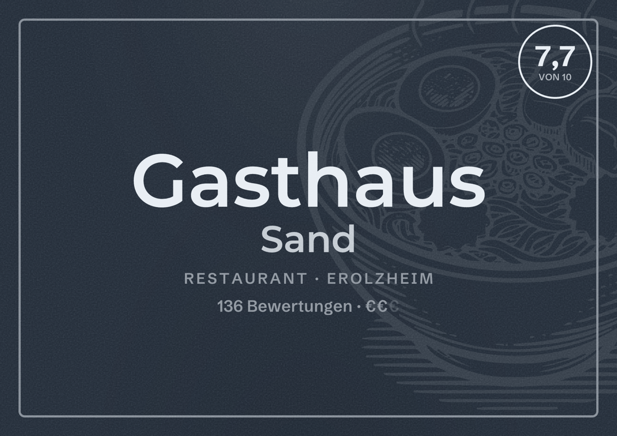 Illustriertes Poster von Gasthaus Sand, Restaurant in Erolzheim: Bewertung 7,7 von 10 aus 136 Bewertungen, Preisniveau €€