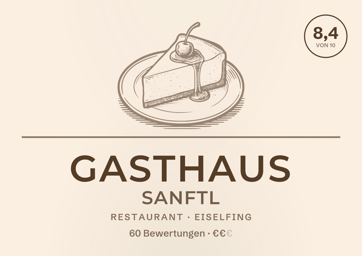 Illustriertes Poster von Gasthaus Sanftl, Restaurant in Eiselfing: Bewertung 8,4 von 10 aus 60 Bewertungen, Preisniveau €€
