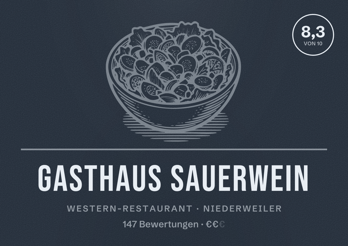Illustriertes Poster von Gasthaus Sauerwein, Western-Restaurant in Niederweiler: Bewertung 8,3 von 10 aus 147 Bewertungen, Preisniveau €€